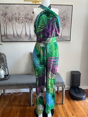 Zara Green & Purple Tropical Halter Jumpsuit Small